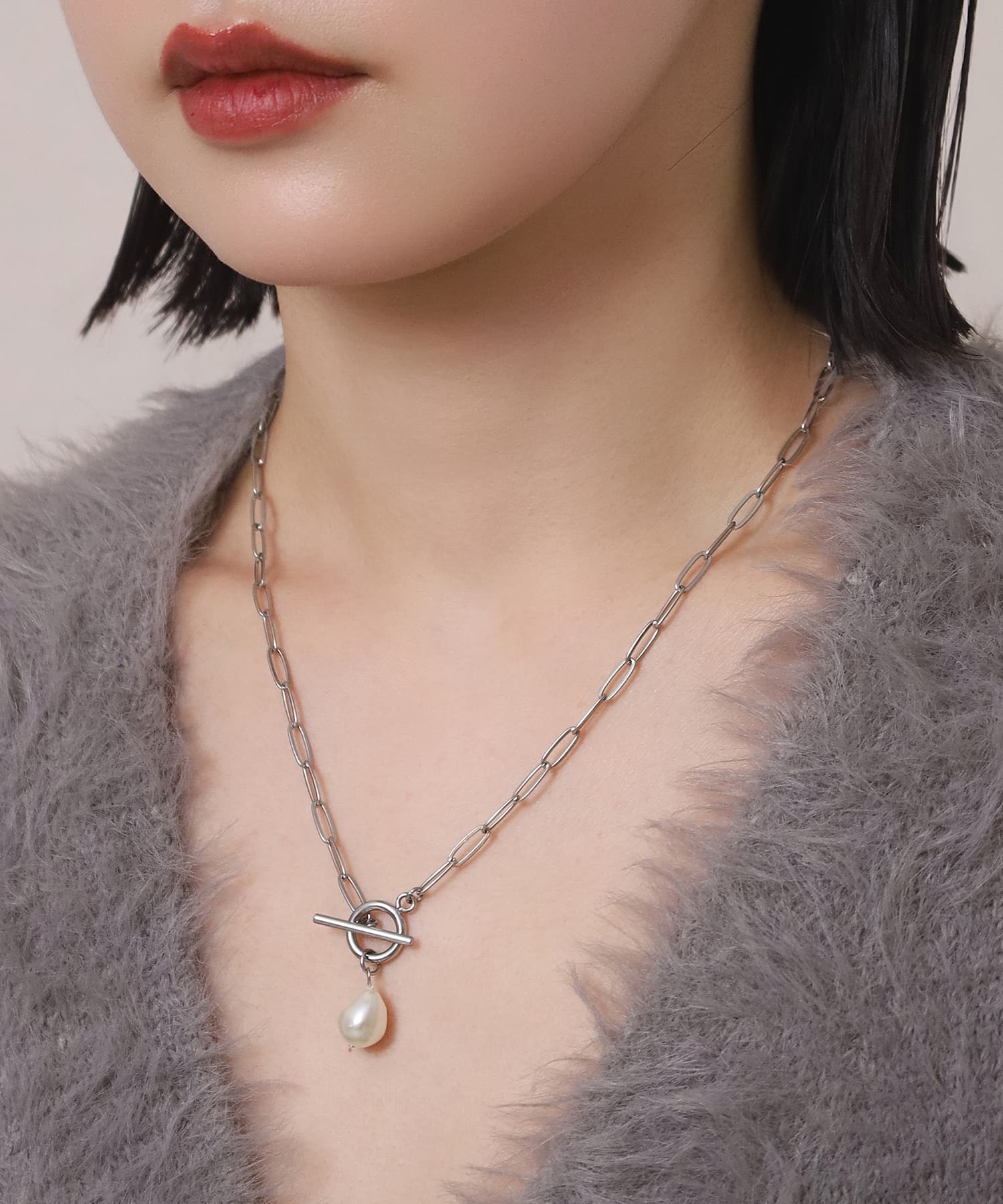 ポイントパールチェーンネックレス/シルバー/サージカルステンレス316L