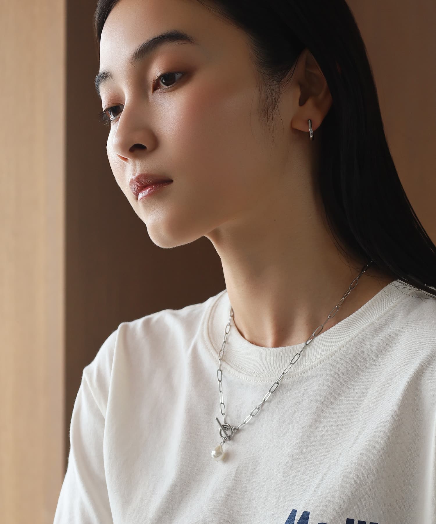 ポイントパールチェーンネックレス/シルバー/サージカルステンレス316L ポイントパールチェーンネックレス/シルバー/サージカルステンレス316L