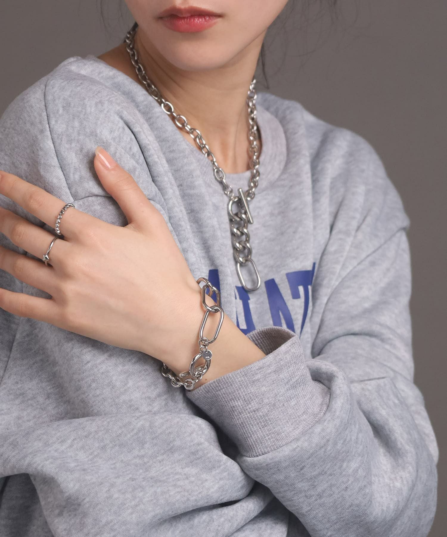 Moment”ミックスチェーンブレスレット/オーバル×アズキ/シルバー