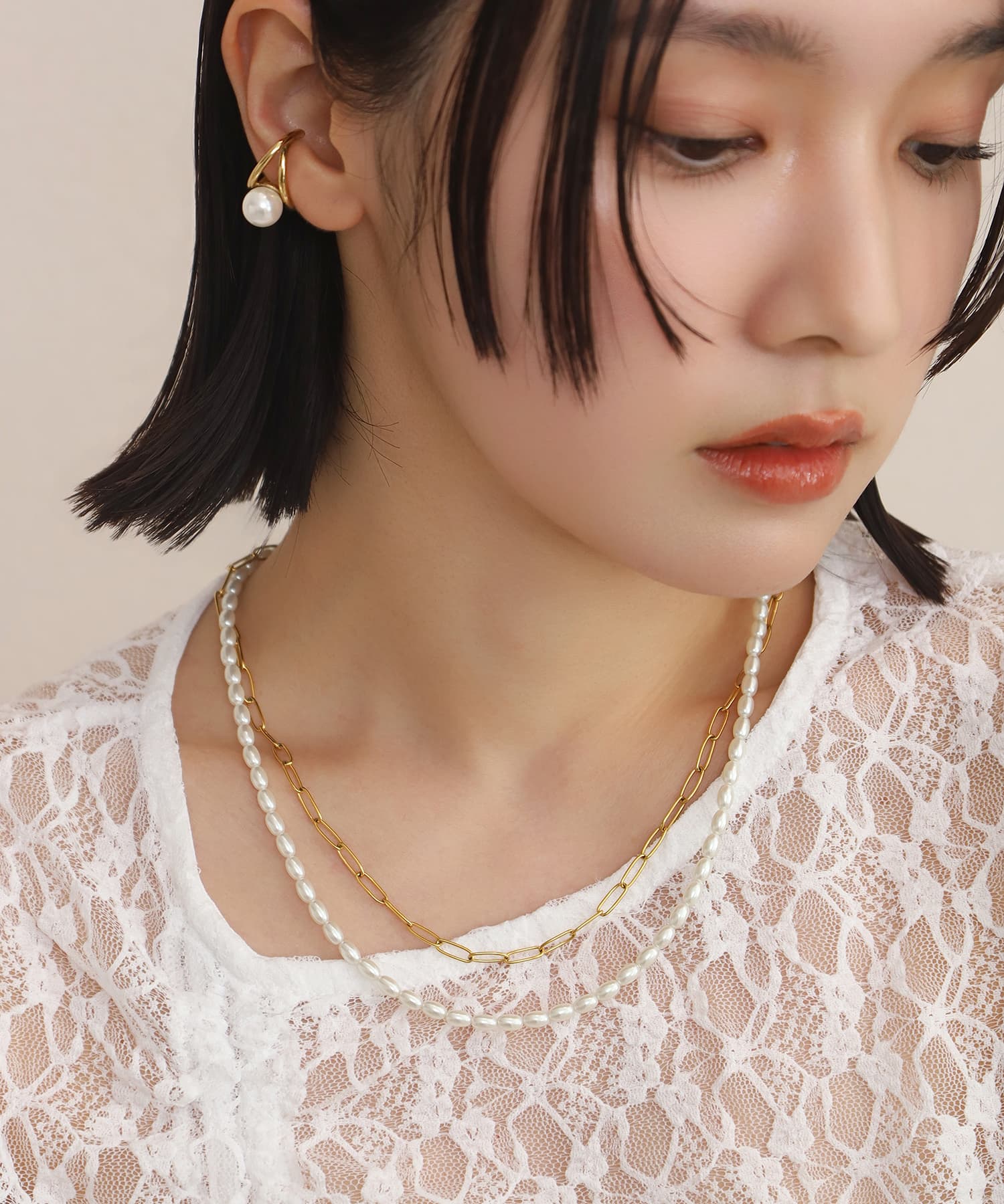 LHME（エルエイチエムイー） > “MELLOW”バロックパール×チェーン2連ネックレス/ゴールド/サージカルステンレス316L（金属アレルギー対応）