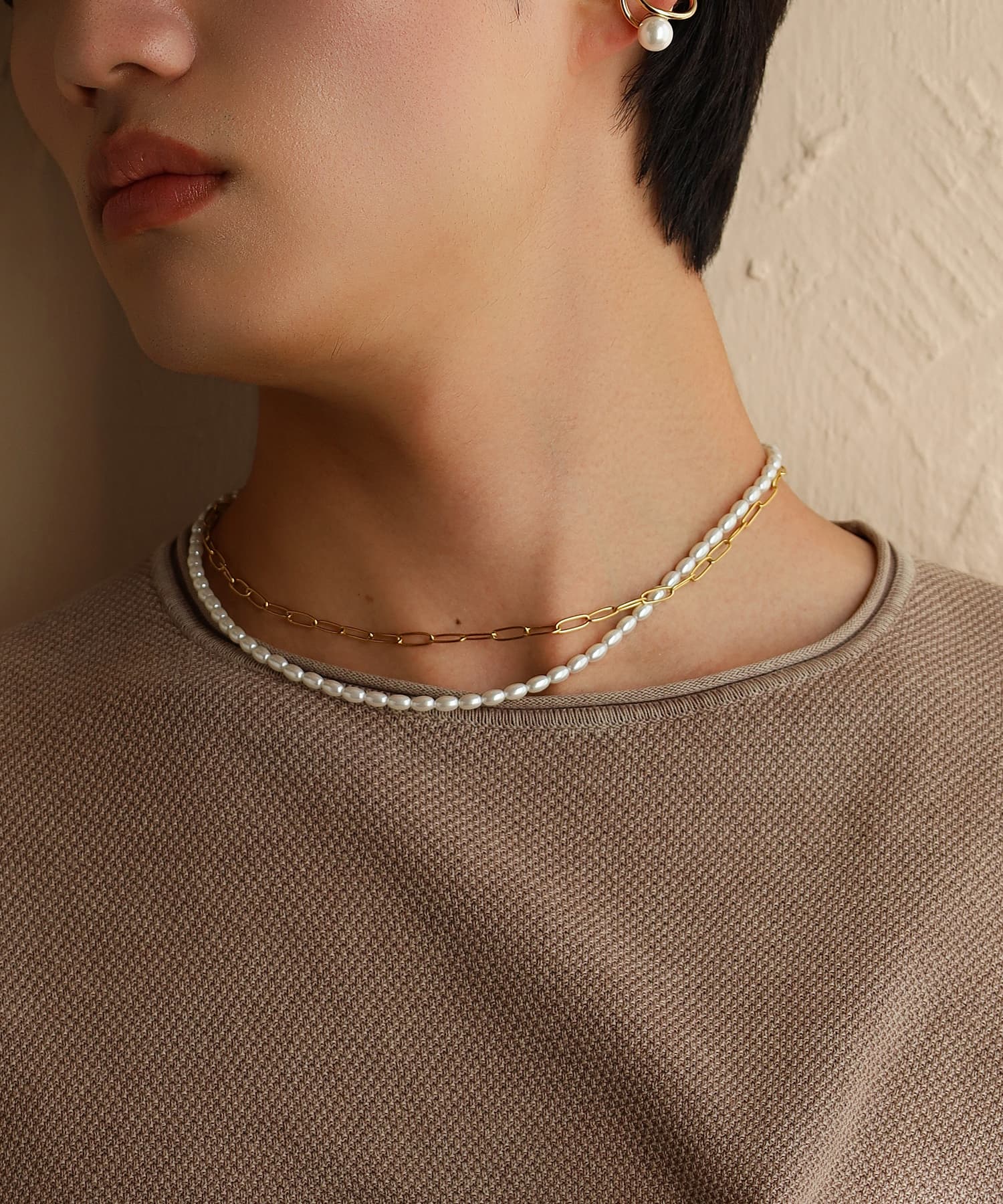 LHME（エルエイチエムイー） > “MELLOW”バロックパール×チェーン2連ネックレス/ゴールド/サージカルステンレス316L（金属アレルギー対応）