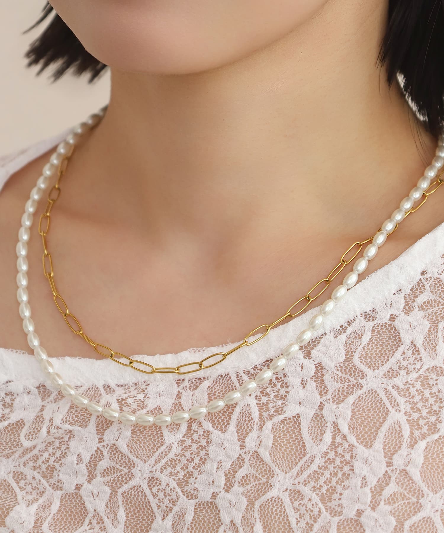LHME（エルエイチエムイー） > “MELLOW”バロックパール×チェーン2連ネックレス/ゴールド/サージカルステンレス316L（金属アレルギー対応）