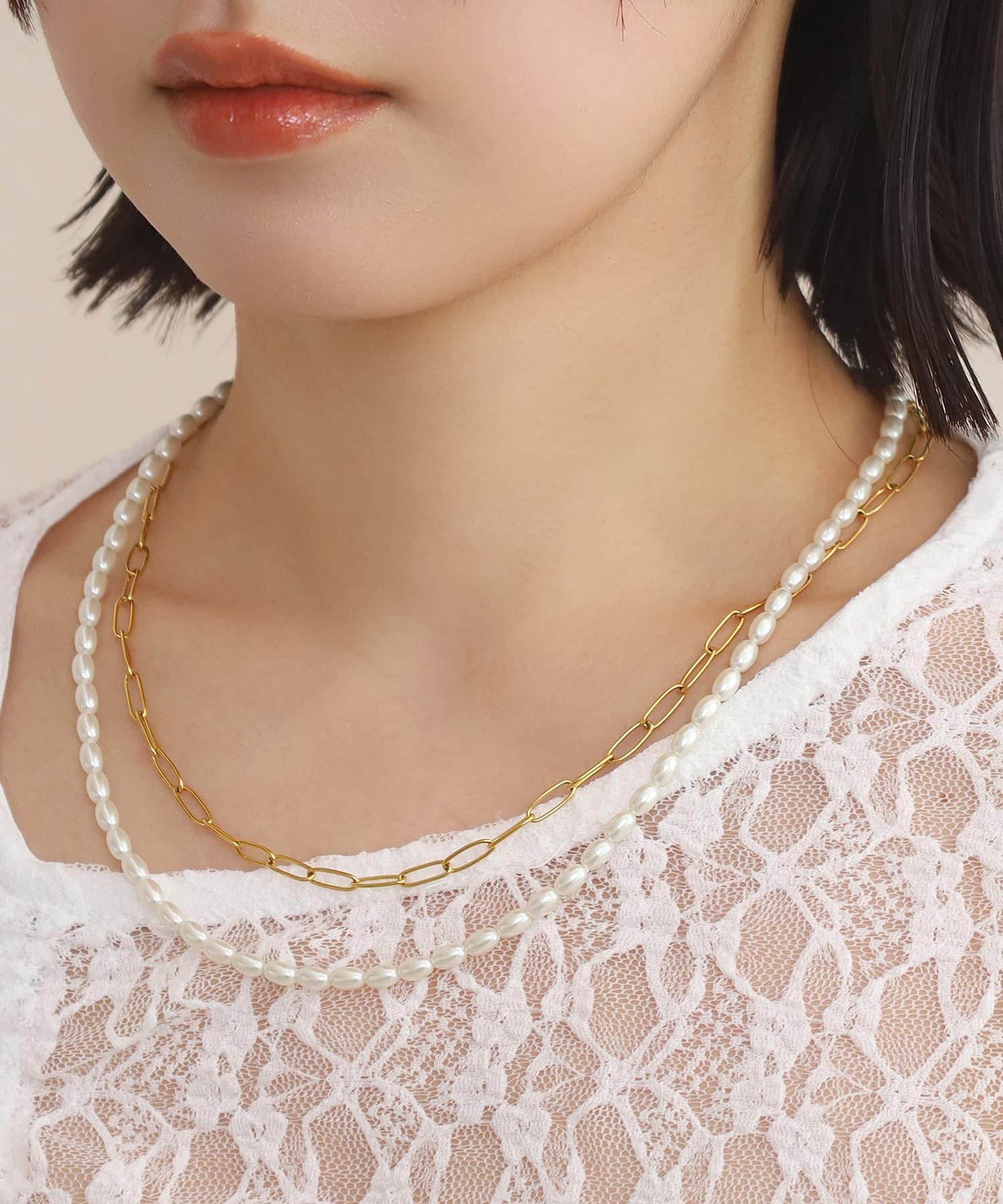 LHME（エルエイチエムイー） > “MELLOW”バロックパール×チェーン2連ネックレス/ゴールド/サージカルステンレス316L（金属アレルギー対応）