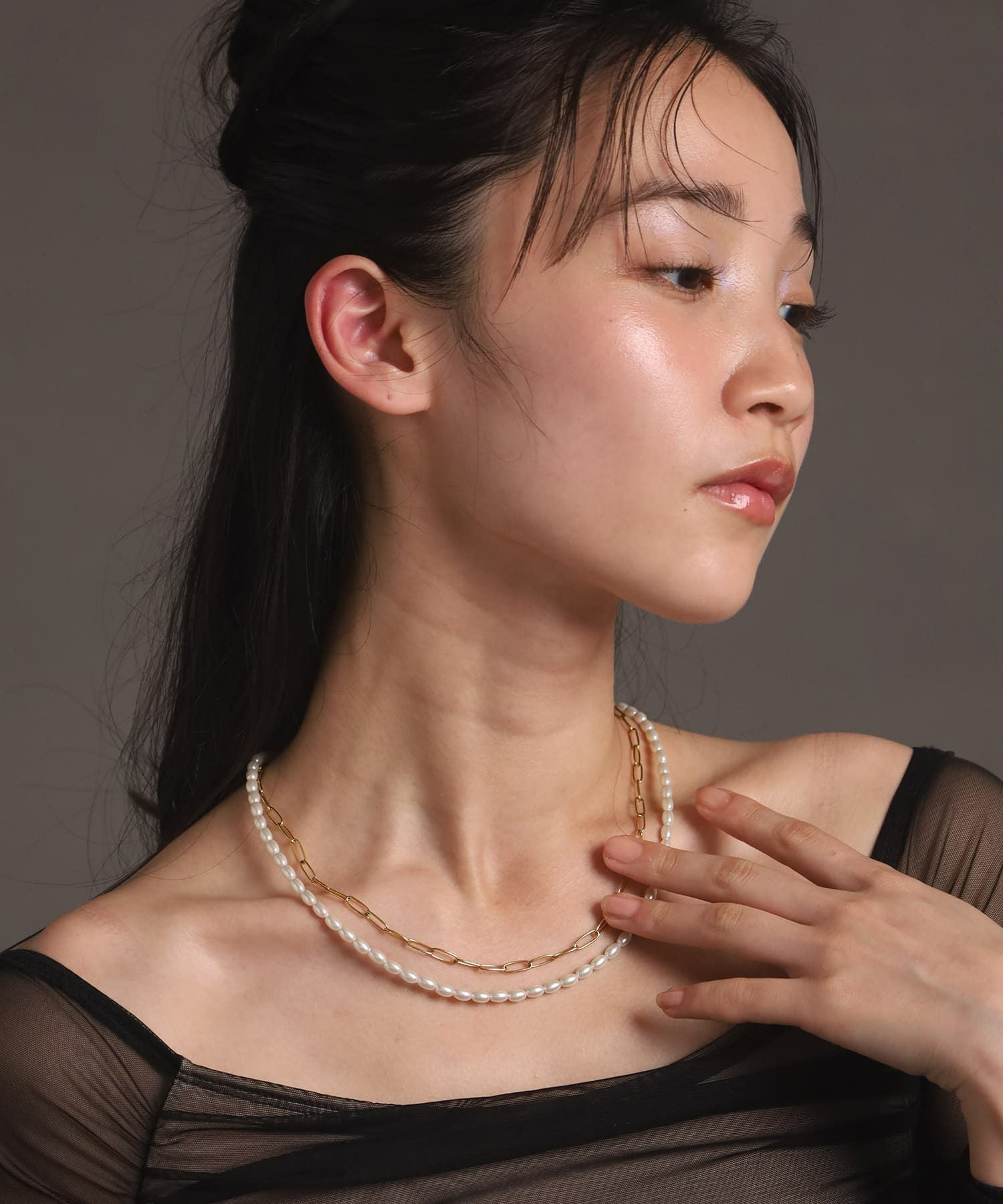 MELLOW”バロックパール×チェーン2連ネックレス/ゴールド/サージカル