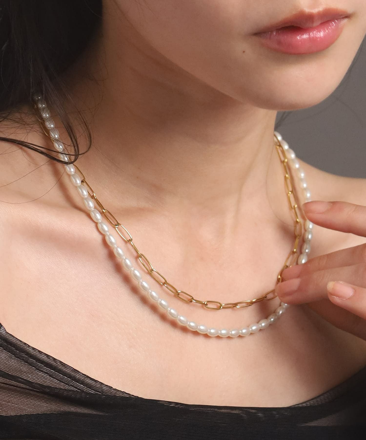 MELLOW”バロックパール×チェーン2連ネックレス/ゴールド/サージカル