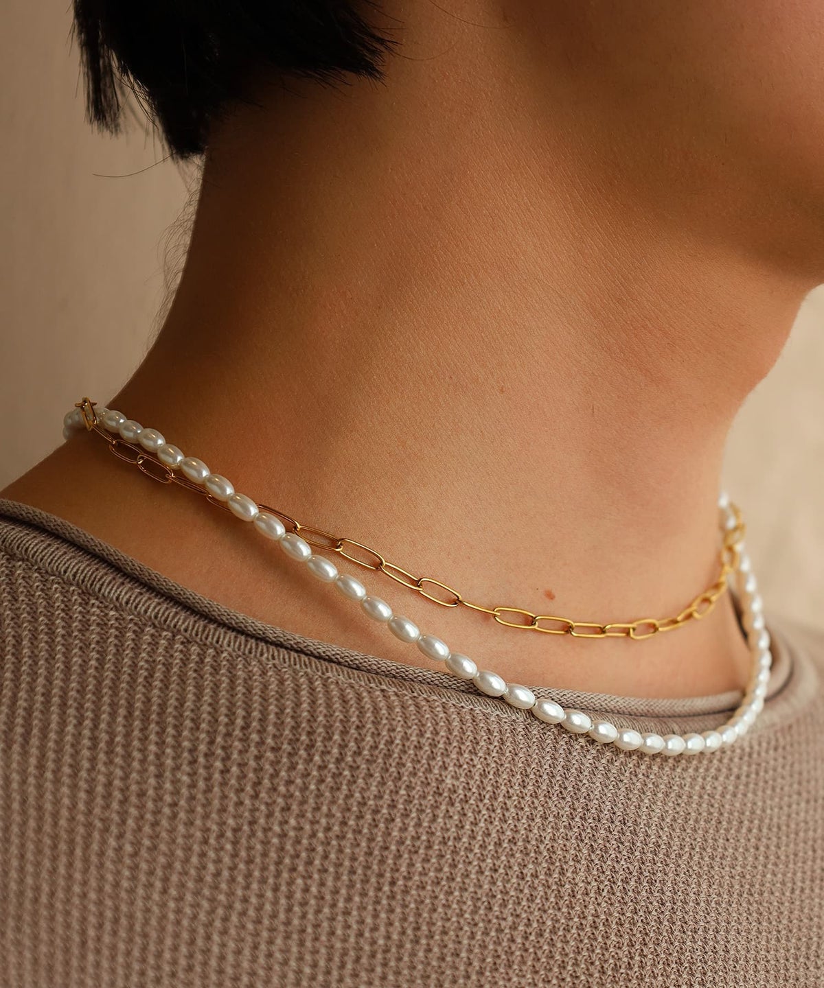 LHME（エルエイチエムイー） > “MELLOW”バロックパール×チェーン2連ネックレス/ゴールド/サージカルステンレス316L（金属アレルギー対応）