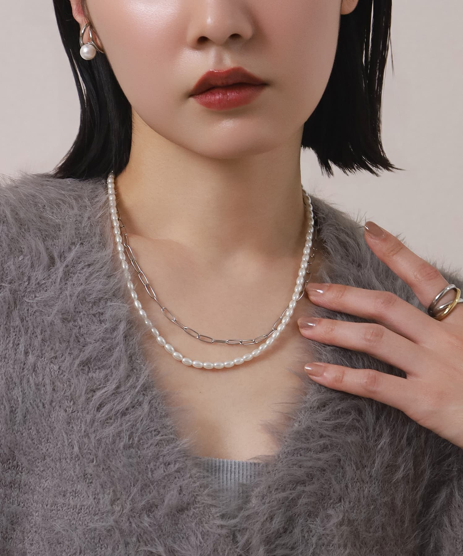 LHME（エルエイチエムイー） > “MELLOW”バロックパール×チェーン2連ネックレス/シルバー/サージカルステンレス316L（金属アレルギー対応）