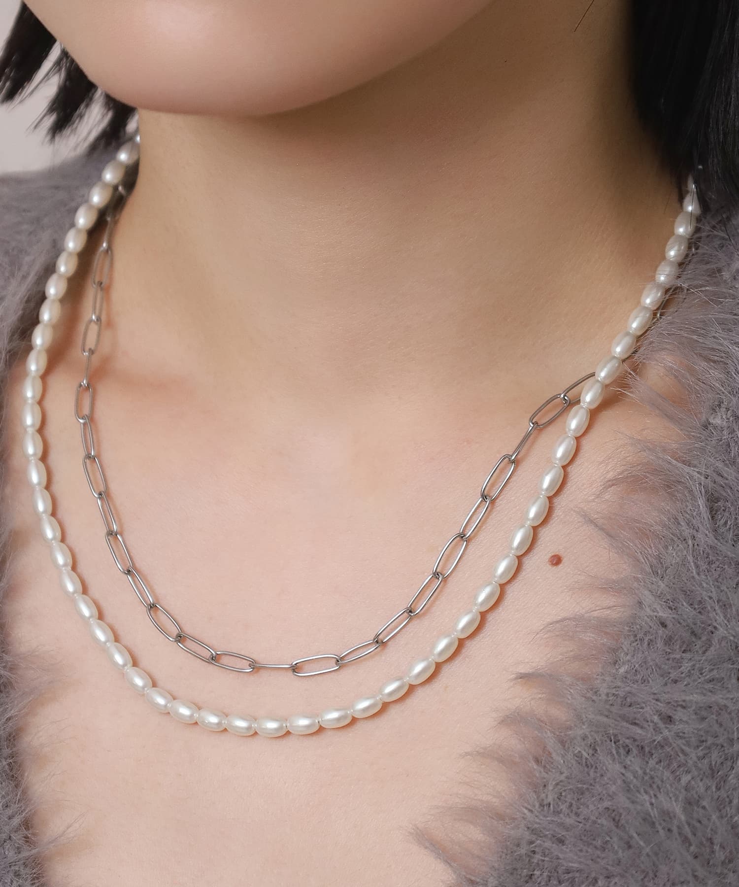 LHME（エルエイチエムイー） > “MELLOW”バロックパール×チェーン2連ネックレス/シルバー/サージカルステンレス316L（金属アレルギー対応）