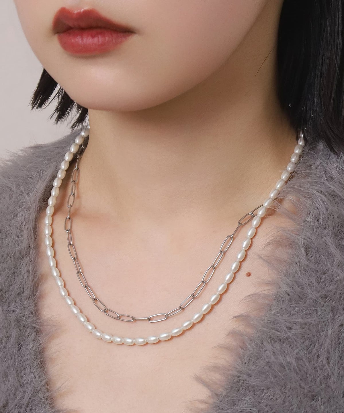 LHME（エルエイチエムイー） > “MELLOW”バロックパール×チェーン2連ネックレス/シルバー/サージカルステンレス316L（金属アレルギー対応）