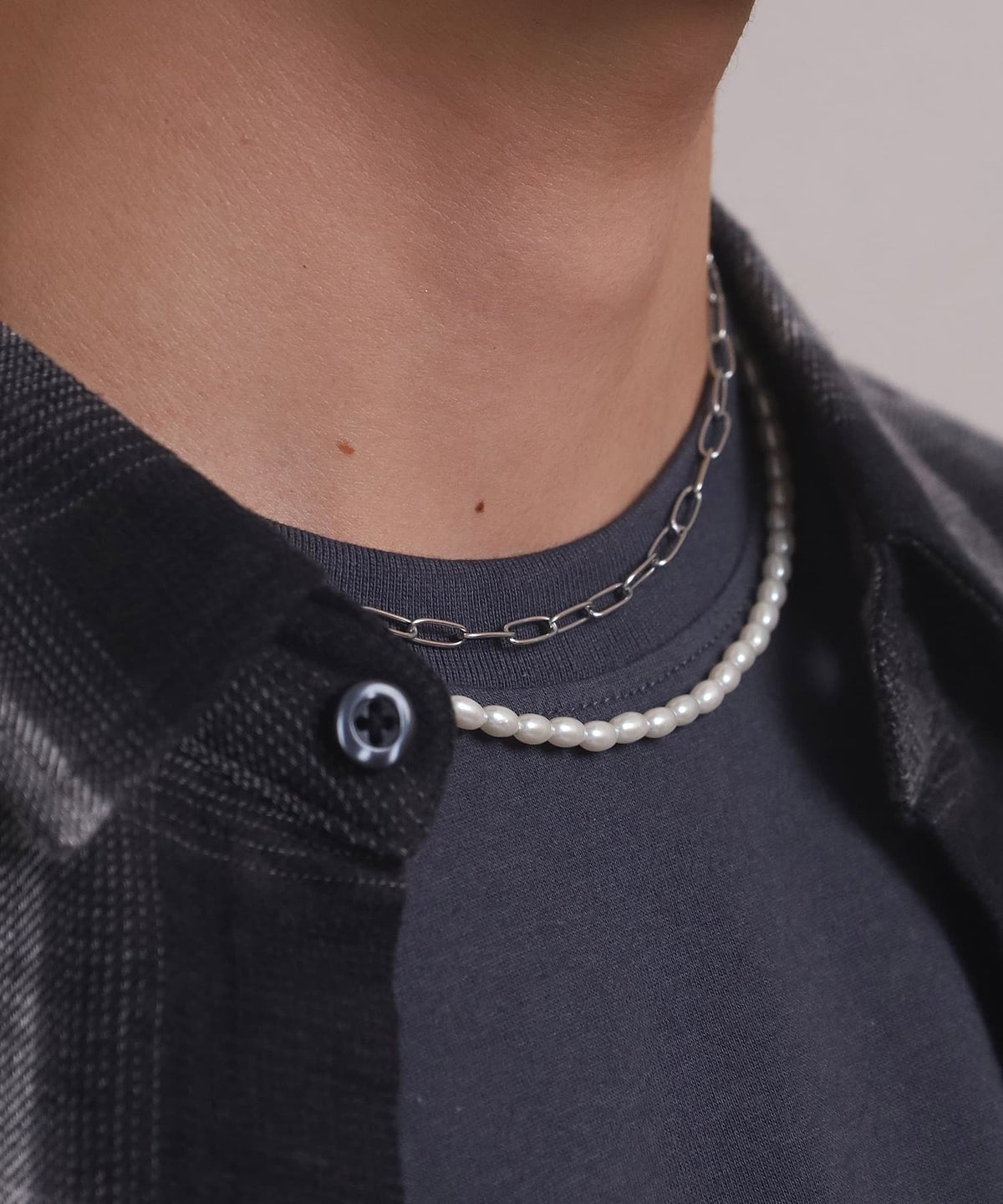 LHME（エルエイチエムイー） > “MELLOW”バロックパール×チェーン2連ネックレス/シルバー/サージカルステンレス316L（金属アレルギー対応）