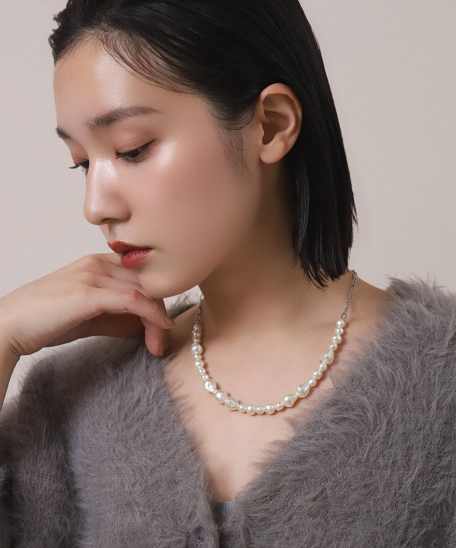 LHME（エルエイチエムイー） > “MELLOW”ハーフバロックパールネックレス/シルバー/サージカルステンレス316L（金属アレルギー対応）
