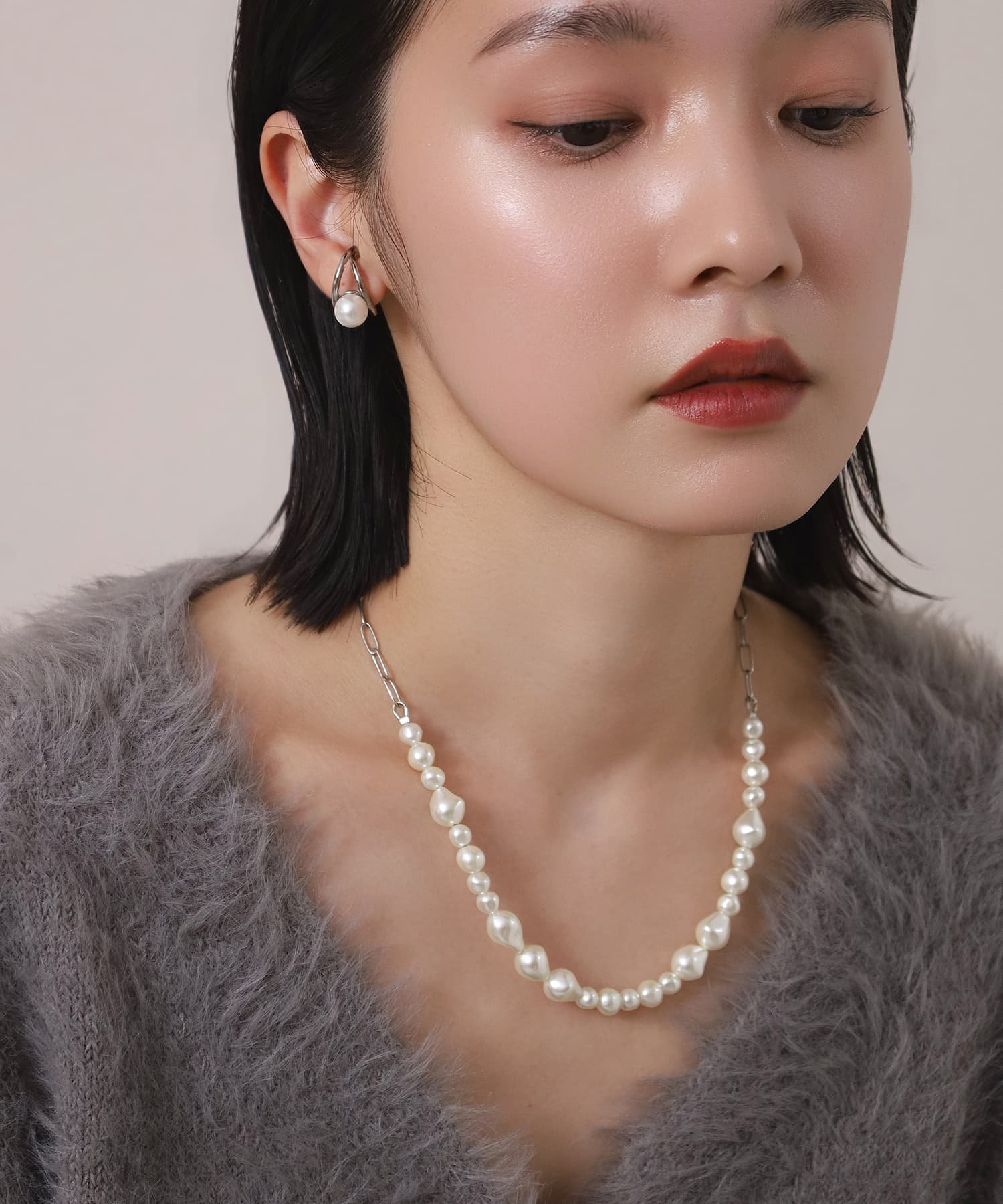 LHME（エルエイチエムイー） > “MELLOW”ハーフバロックパールネックレス/シルバー/サージカルステンレス316L（金属アレルギー対応）
