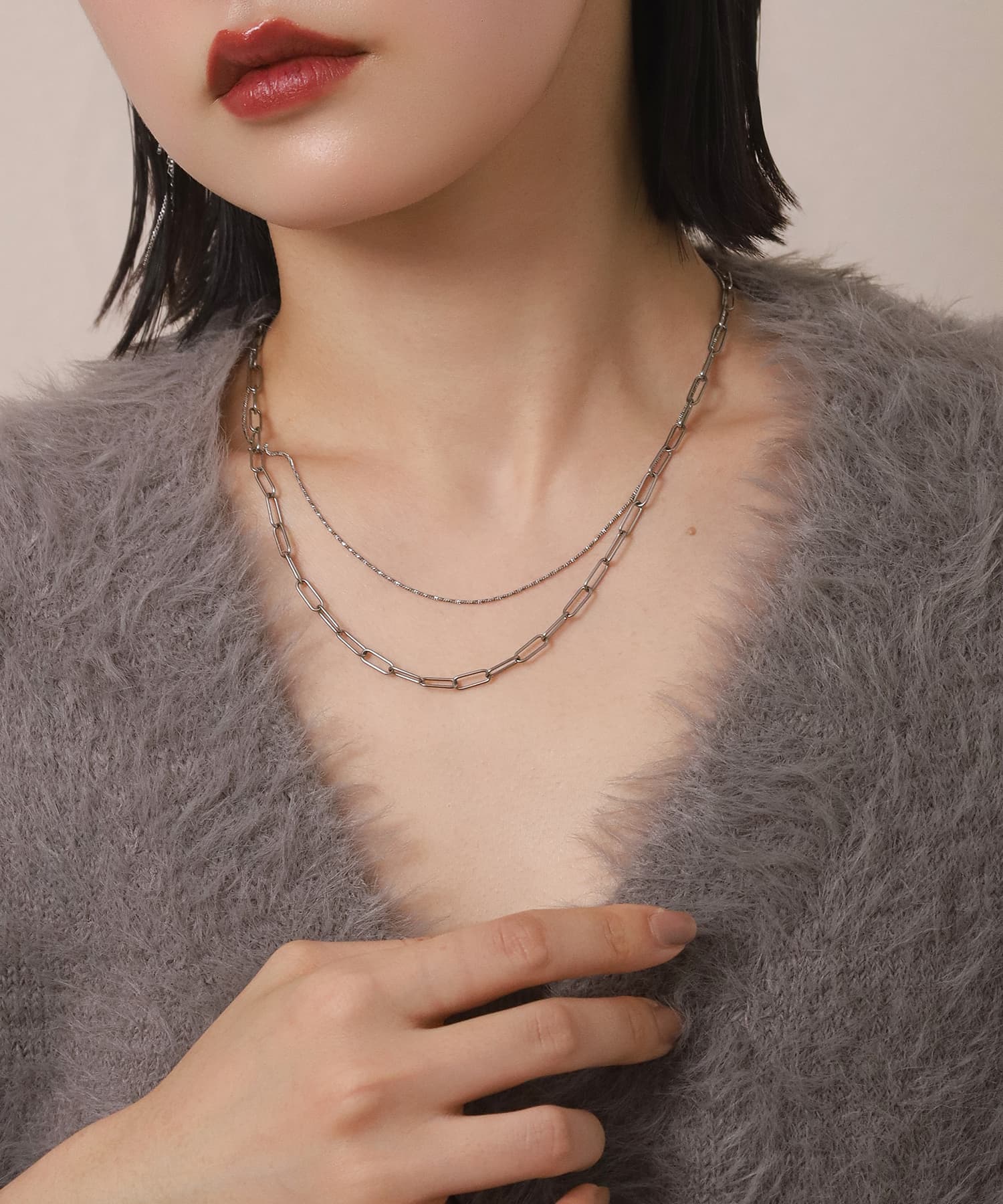 LHME（エルエイチエムイー） > “Moment”2連チェーンネックレス/オーバル×スクリュー/シルバー/サージカルステンレス316L（金属アレルギー対応）