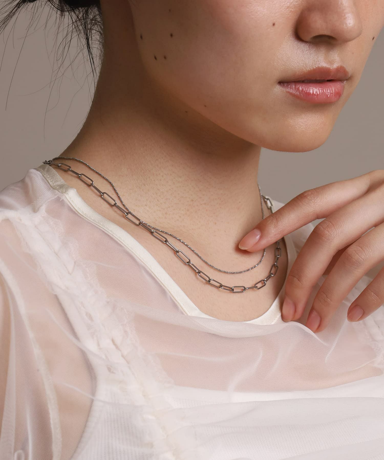 LHME（エルエイチエムイー） > “Moment”2連チェーンネックレス/オーバル×スクリュー/シルバー/サージカルステンレス316L（金属アレルギー対応）