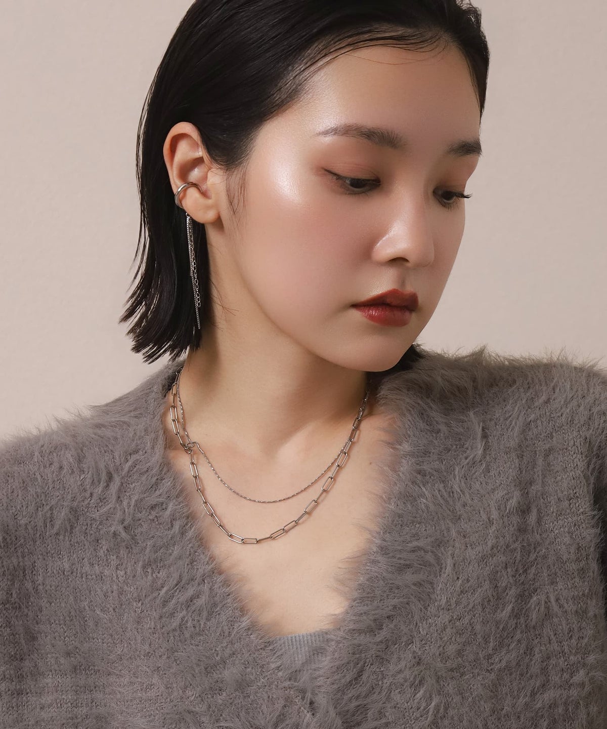 LHME（エルエイチエムイー） > “Moment”2連チェーンネックレス/オーバル×スクリュー/シルバー/サージカルステンレス316L（金属アレルギー対応）