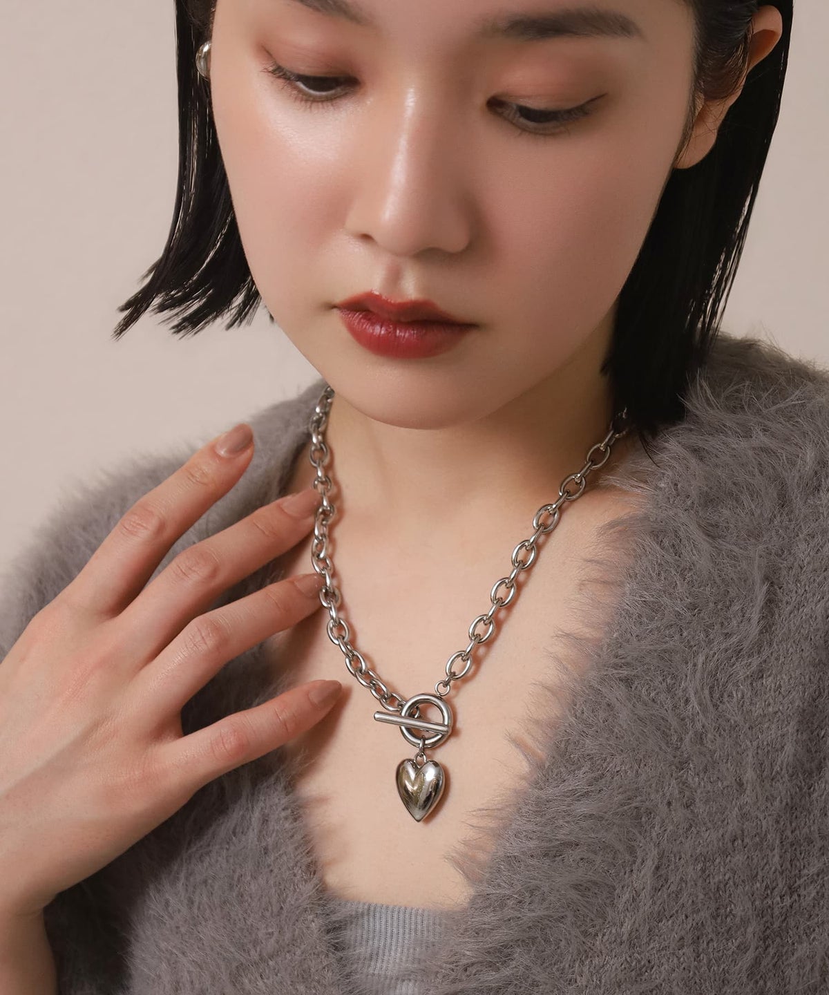 LHME（エルエイチエムイー） > “Moment”ポイントハートチャンキーネックレス/シルバー/サージカルステンレス316L（金属アレルギー対応）